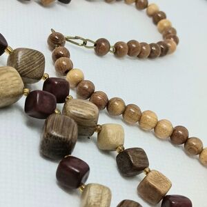 Natural Wood Bead Necklace in Browns, Tans, & Dark Red